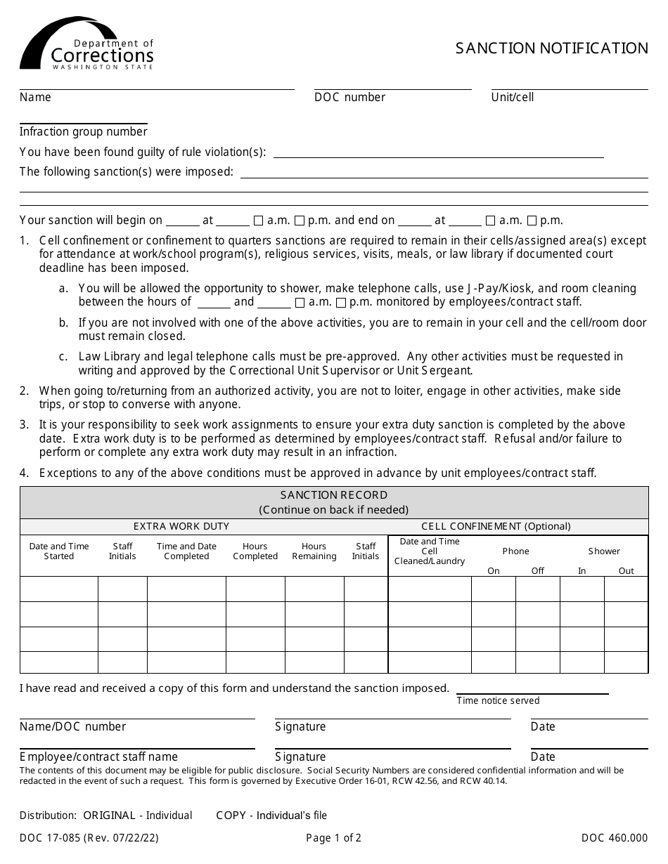 Form DOC17-085 Sanction Notification - Washington, Page 1