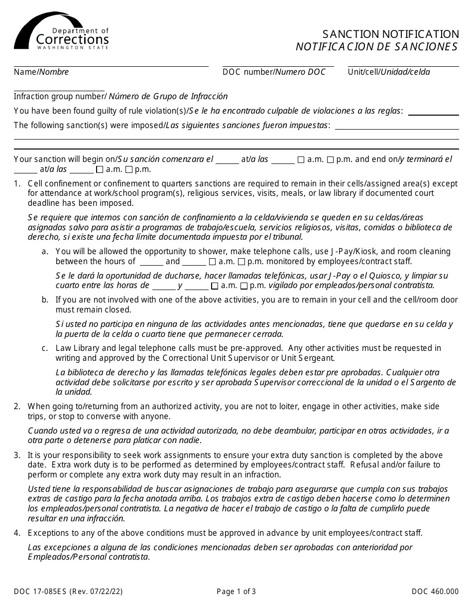 Form DOC17-085ES Sanction Notification - Washington (English / Spanish), Page 1