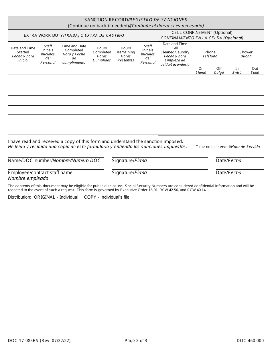 Form DOC17-085ES Sanction Notification - Washington (English / Spanish), Page 2