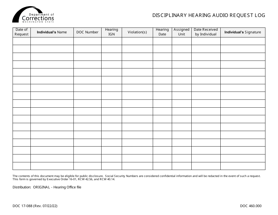 Form DOC17-088 Disciplinary Hearing Audio Request Log - Washington, Page 1