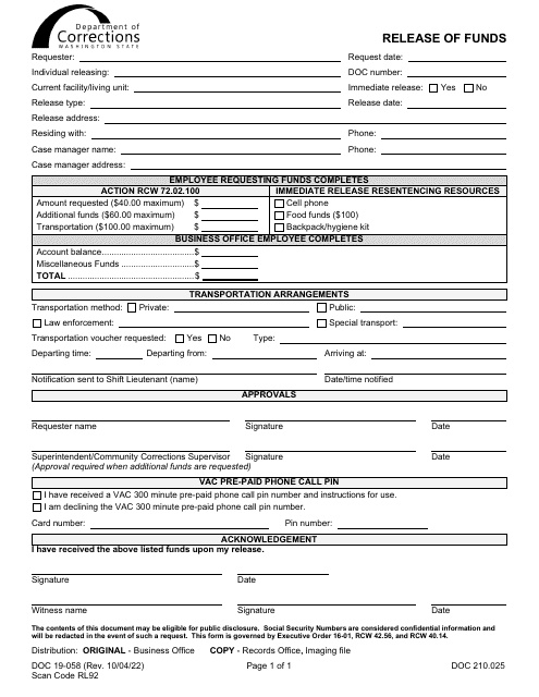 Form DOC19-058  Printable Pdf