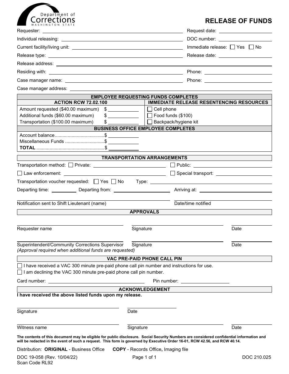 Form DOC19-058 Release of Funds - Washington, Page 1