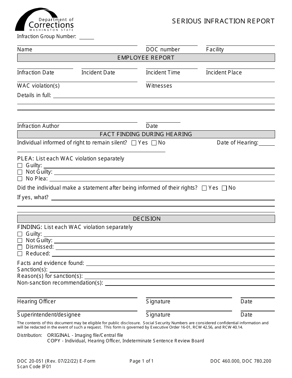 Form DOC20-051 Serious Infraction Report - Washington, Page 1