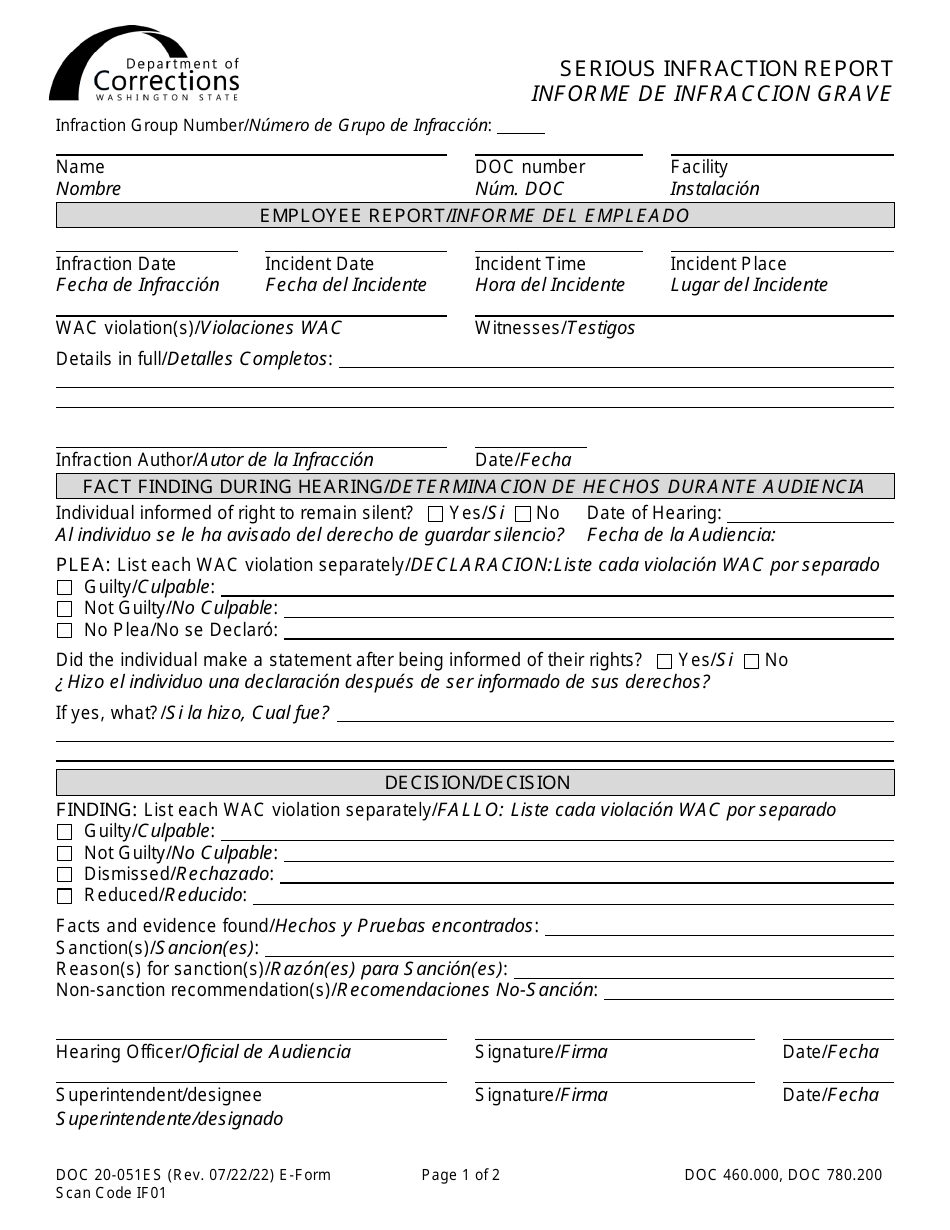 Form DOC20-051ES Serious Infraction Report - Washington (English / Spanish), Page 1