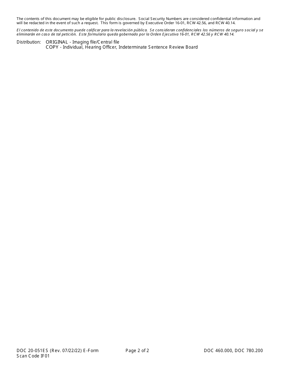 Form DOC20-051ES Serious Infraction Report - Washington (English / Spanish), Page 2