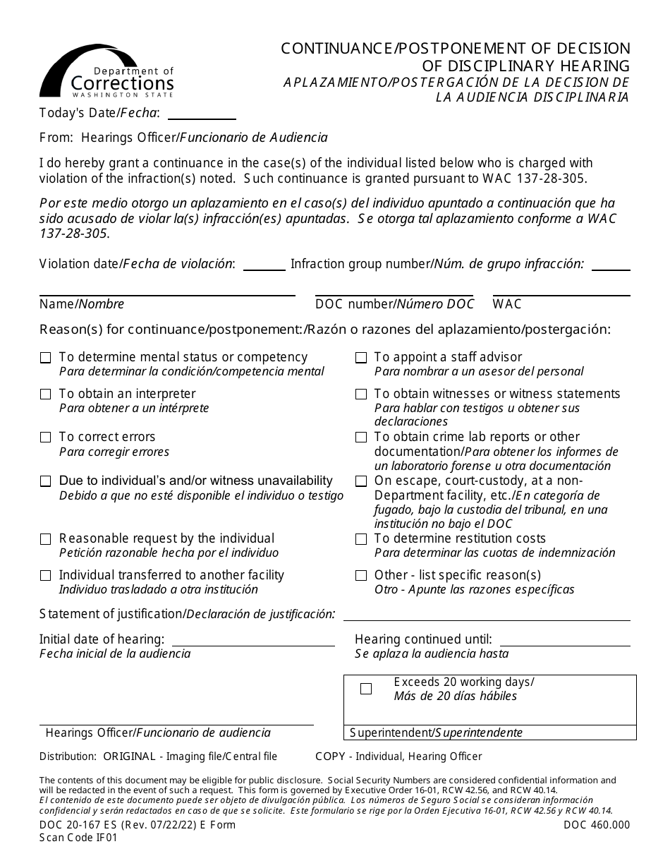 Form DOC20-167ES Continuance / Postponement of Decision of Disciplinary Hearing - Washington (English / Spanish), Page 1