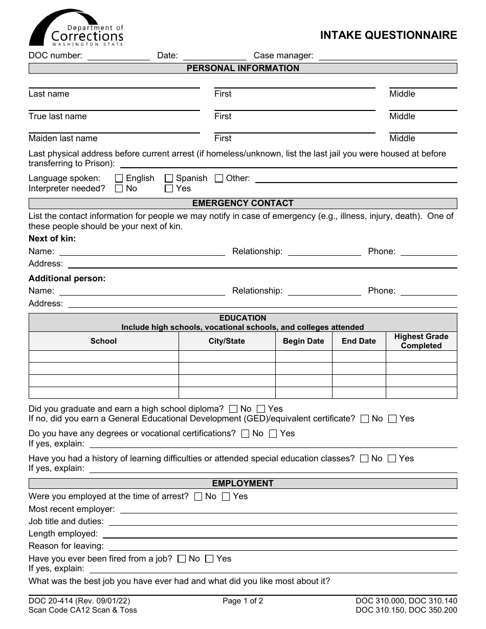 Form DOC20-414 Intake Questionnaire - Washington, Page 1