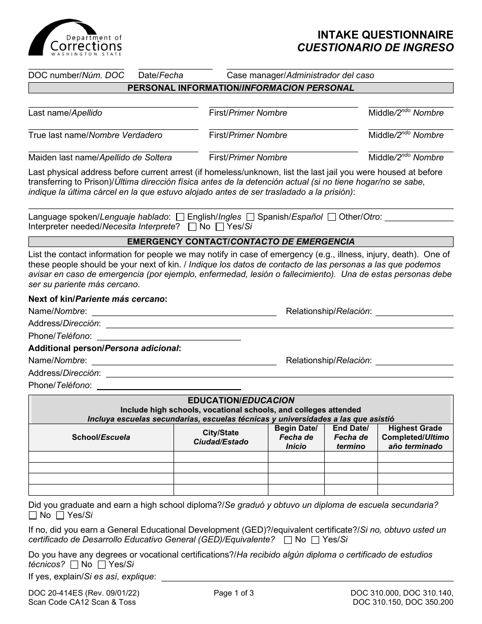 Form DOC20-414ES Intake Questionnaire - Washington (English / Spanish), Page 1