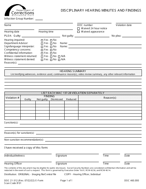 Form DOC21-312  Printable Pdf