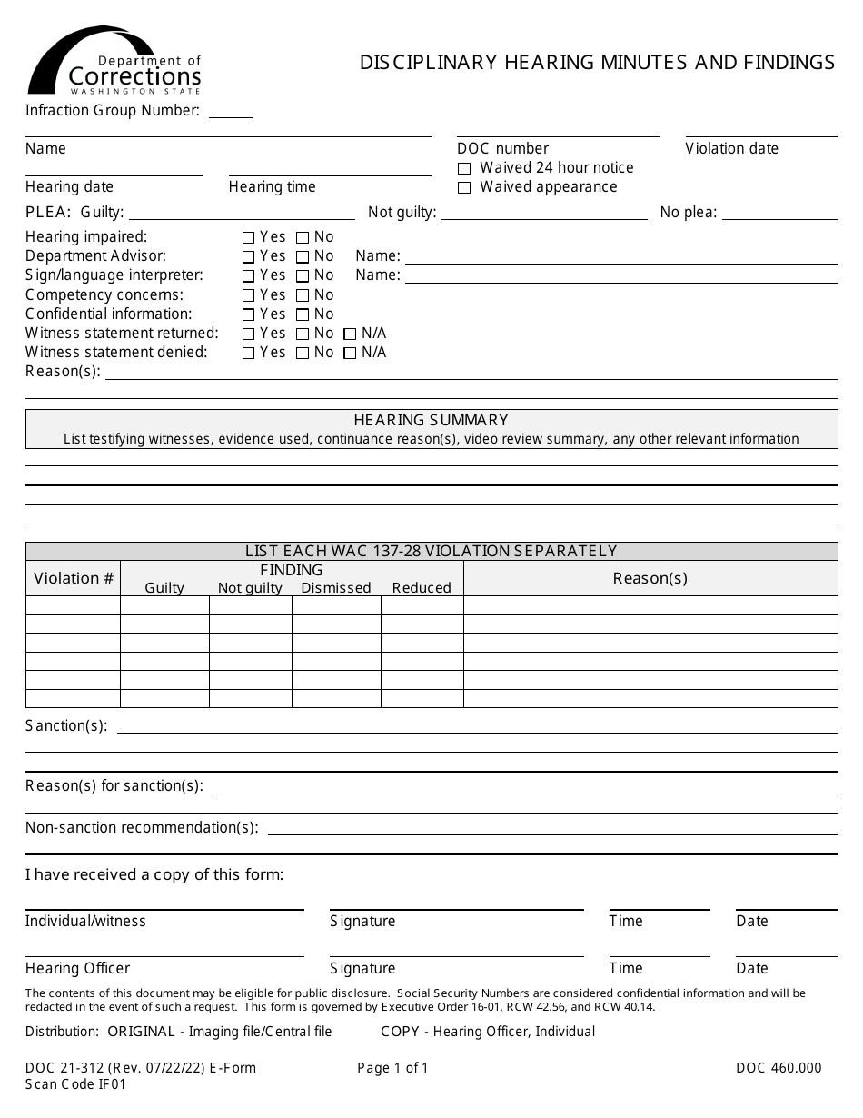 Form DOC21-312 Disciplinary Hearing Minutes and Findings - Washington, Page 1