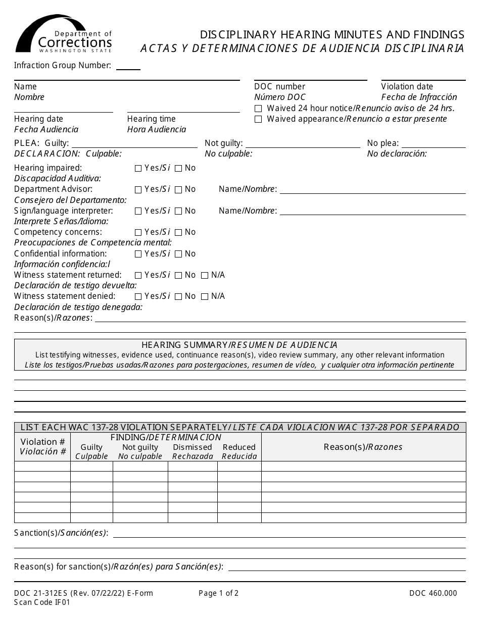 Form DOC21-312ES Disciplinary Hearing Minutes and Findings - Washington (English / Spanish), Page 1