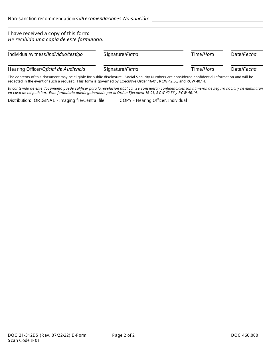 Form DOC21-312ES Disciplinary Hearing Minutes and Findings - Washington (English / Spanish), Page 2