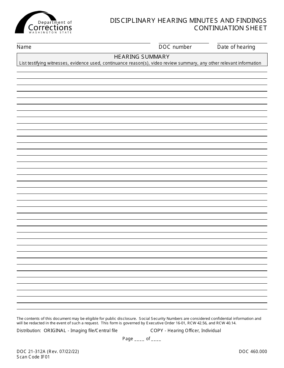 Form DOC21-312A Disciplinary Hearing Minutes and Findings Continuation Sheet - Washington, Page 1