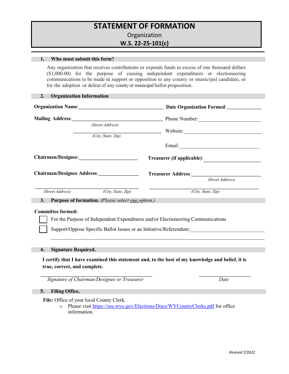 Wyoming Statement of Formation - Organization - Fill Out, Sign Online ...