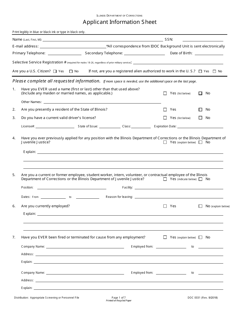 Form DOC0031 Applicant Information Sheet - Illinois, Page 1