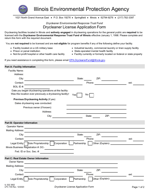 Form LPC705 (IL532 3052) Drycleaner License Application Form - Illinois