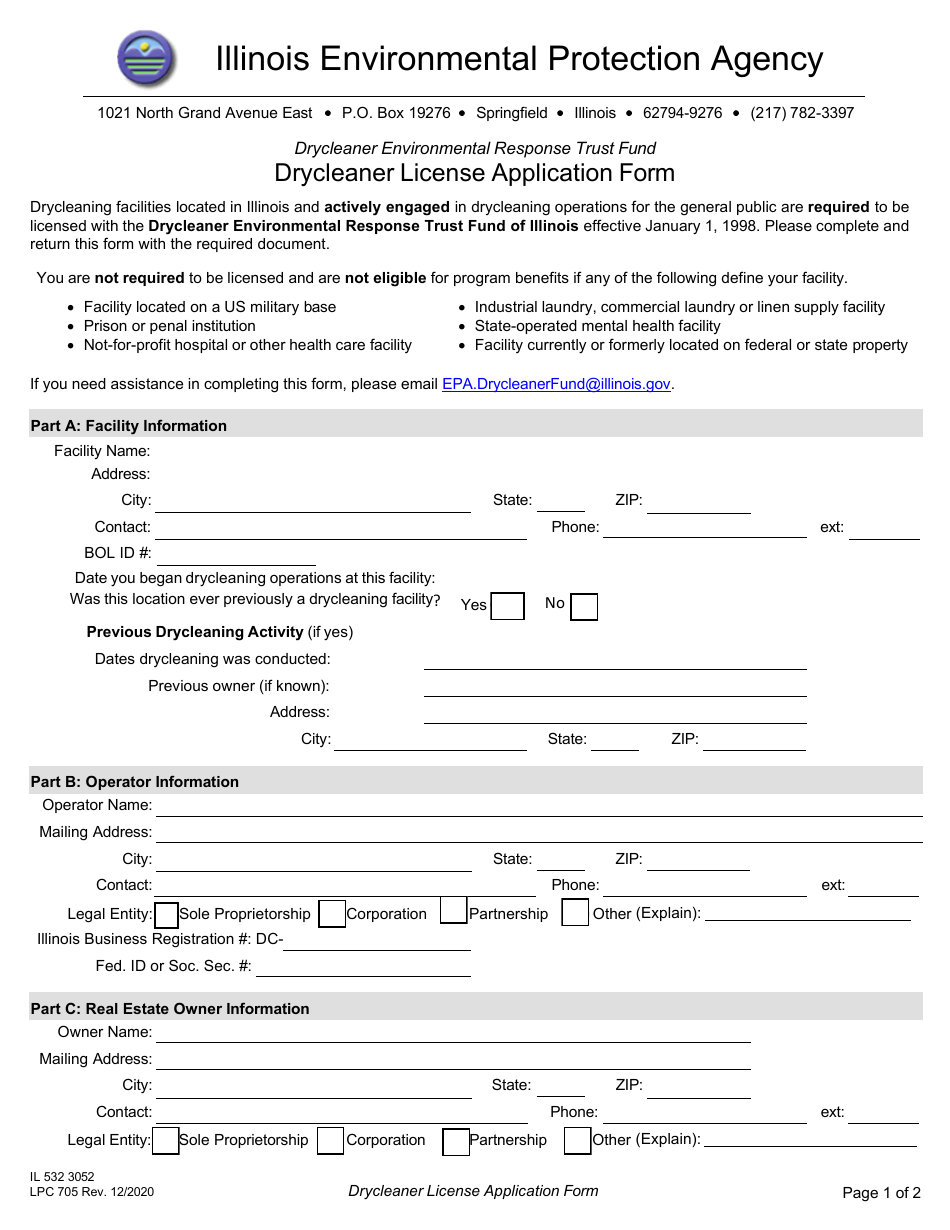Form LPC705 (IL532 3052) Drycleaner License Application Form - Illinois, Page 1