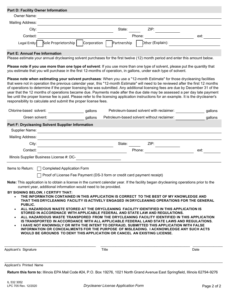 Form LPC705 (IL532 3052) Drycleaner License Application Form - Illinois, Page 2