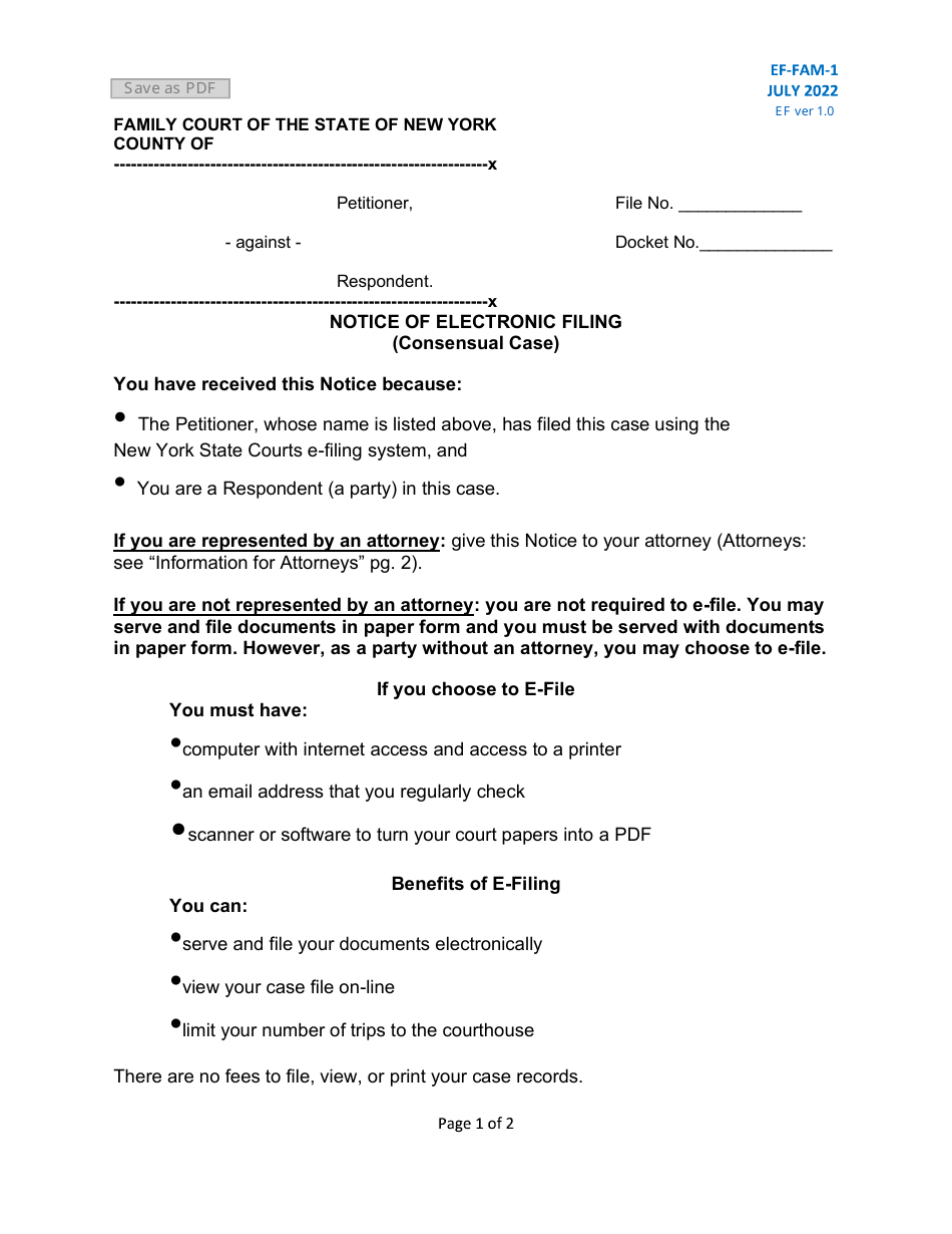 Form EF-FAM-1 Notice of Electronic Filing (Consensual Case) - New York, Page 1