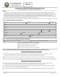 Document preview: Form PA-72 Request for Certification or Recertification - New Hampshire