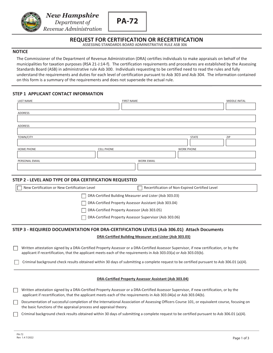Form PA-72 Request for Certification or Recertification - New Hampshire, Page 1