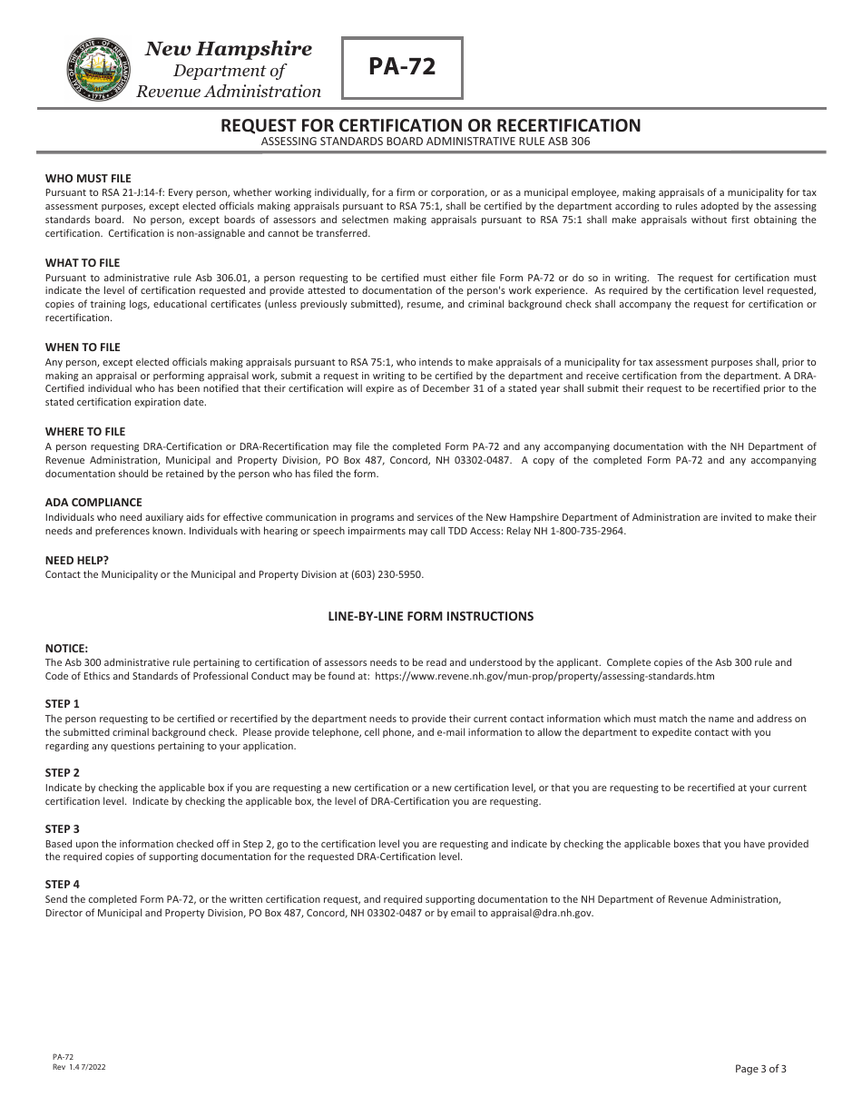 Form PA-72 Request for Certification or Recertification - New Hampshire, Page 3