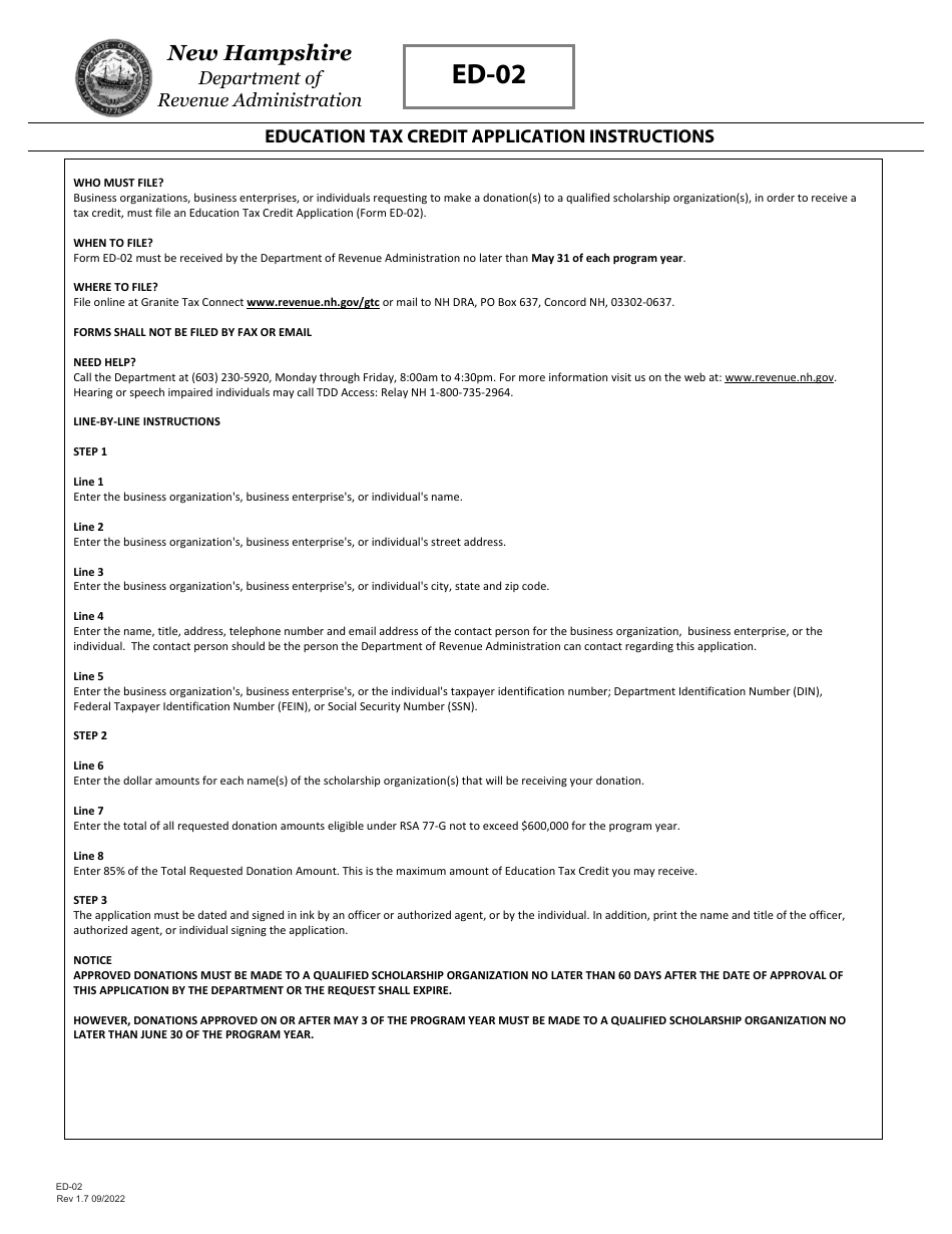 Form ED-02 Education Tax Credit Application - New Hampshire, Page 2