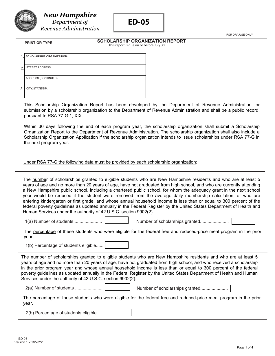 Form ED-05 Scholarship Organization Report - New Hampshire, Page 1