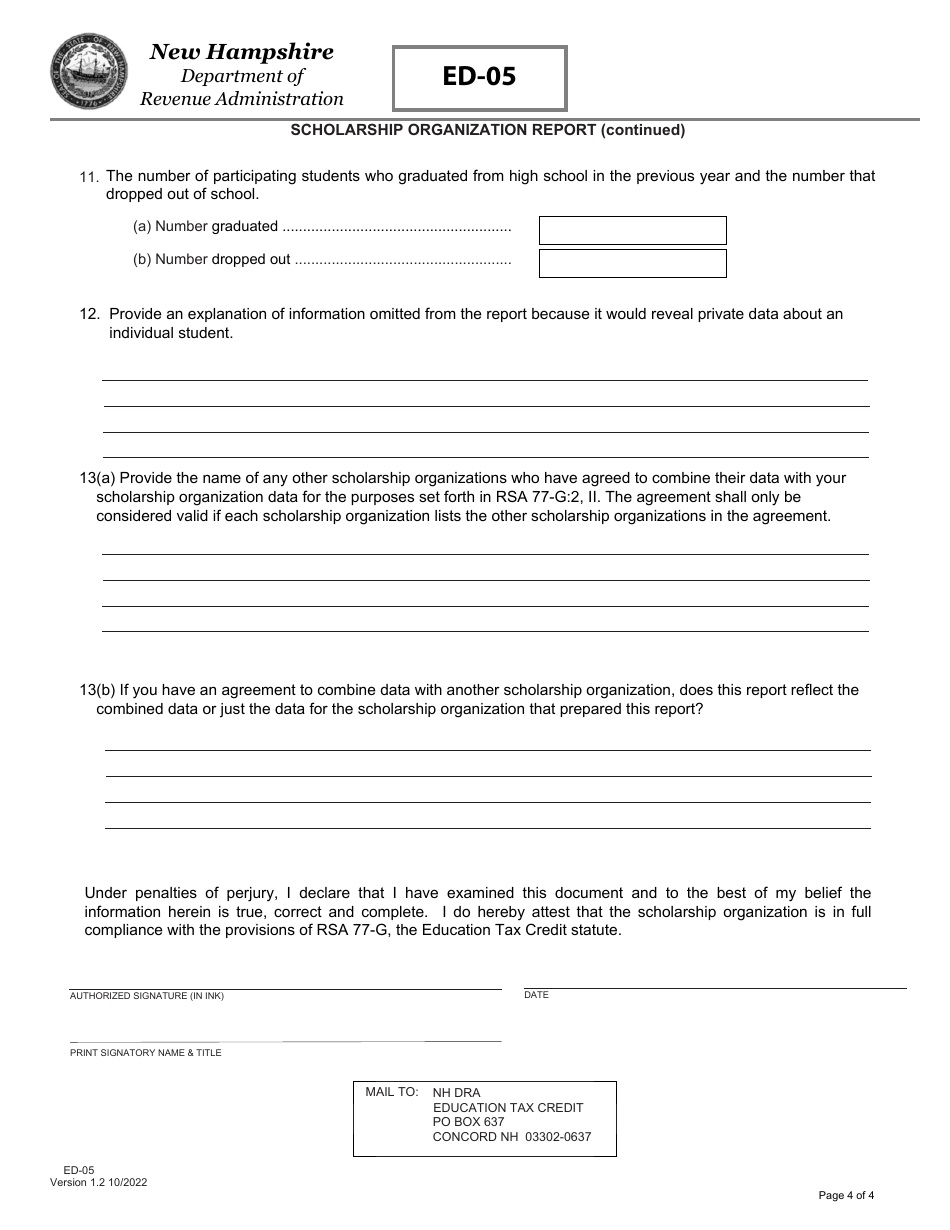 Form ED-05 Scholarship Organization Report - New Hampshire, Page 4
