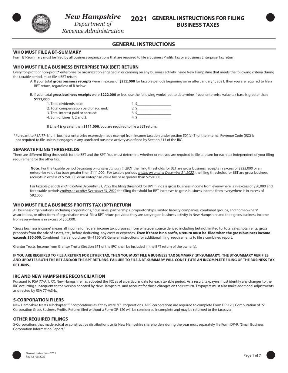 Instructions for Form BT-SUMMARY, BET - New Hampshire, Page 1
