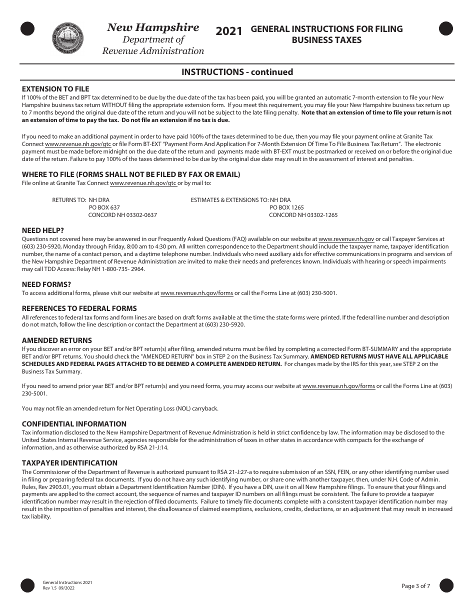 Instructions for Form BT-SUMMARY, BET - New Hampshire, Page 3