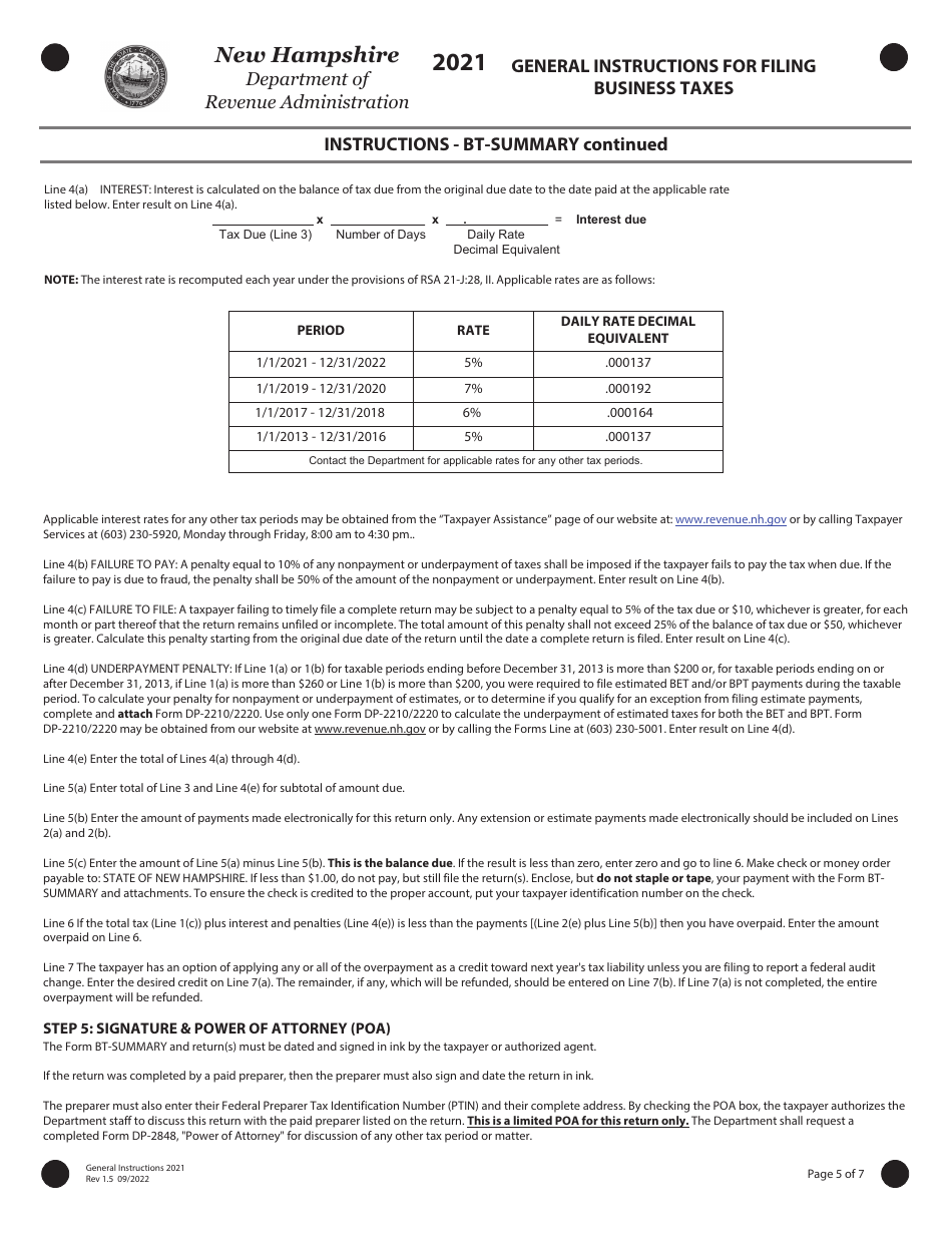 Instructions for Form BT-SUMMARY, BET - New Hampshire, Page 5