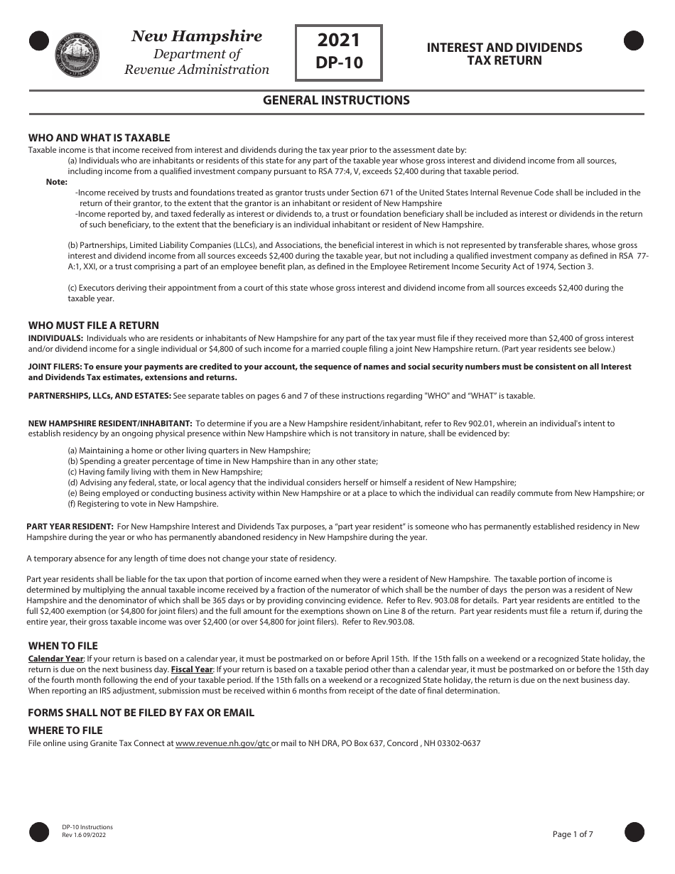 Instructions for Form DP-10 Interest and Dividends Tax Return - New Hampshire, Page 1