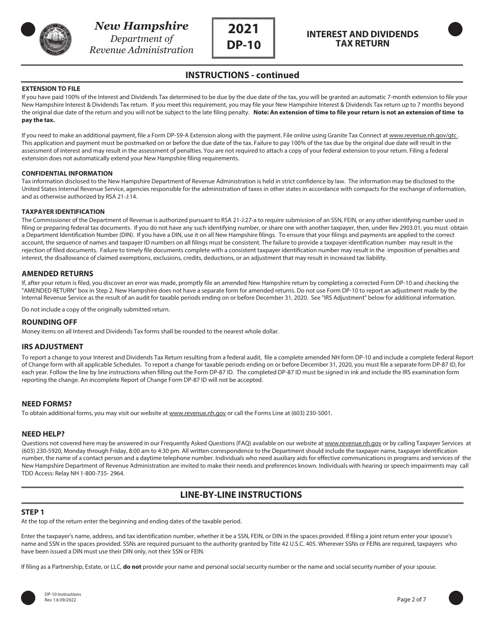 Instructions for Form DP-10 Interest and Dividends Tax Return - New Hampshire, Page 2