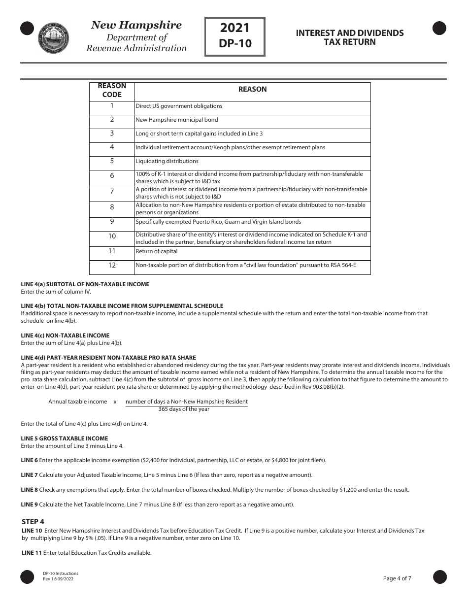 Instructions for Form DP-10 Interest and Dividends Tax Return - New Hampshire, Page 4