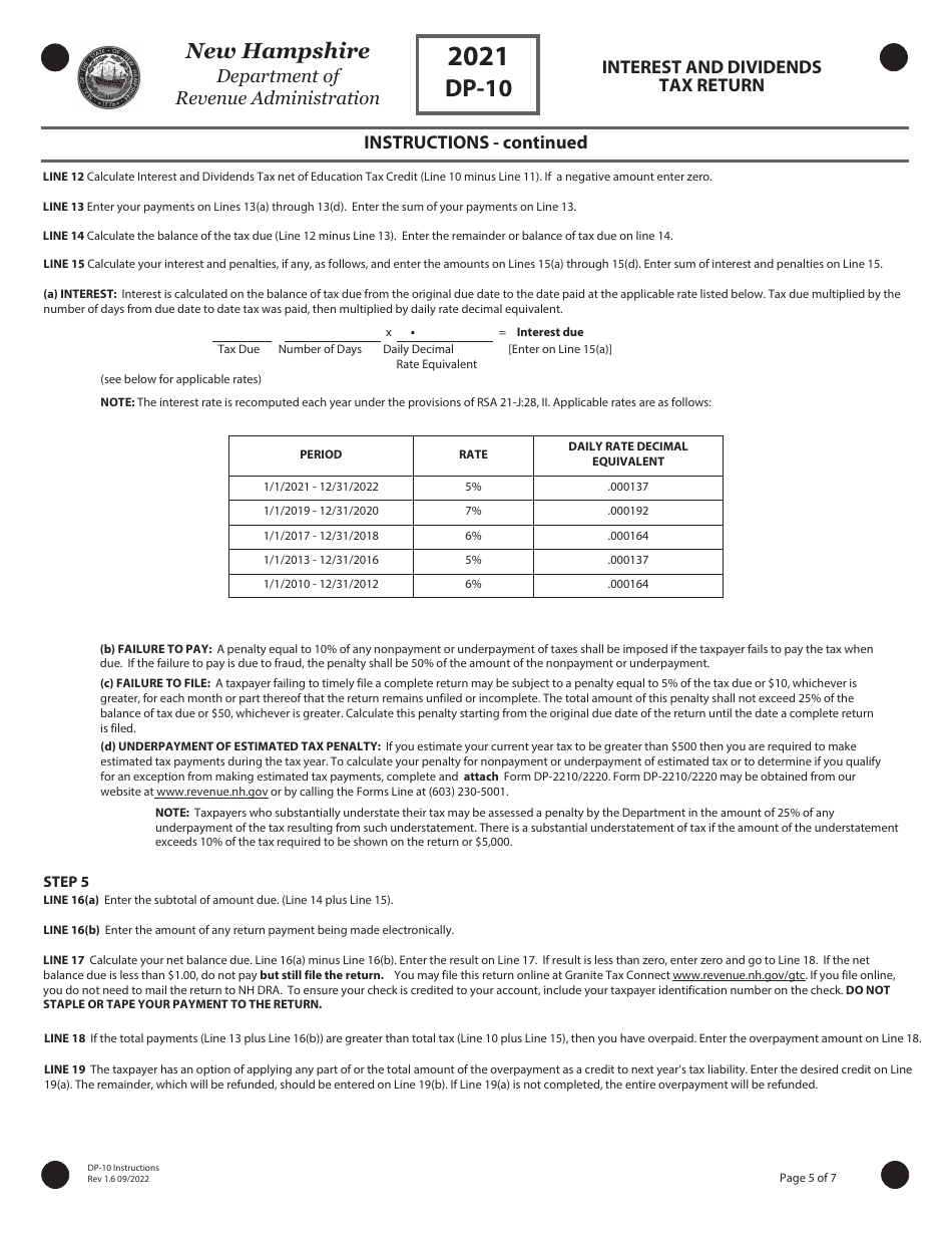 Instructions for Form DP-10 Interest and Dividends Tax Return - New Hampshire, Page 5
