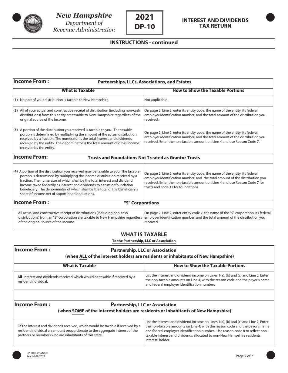 Instructions for Form DP-10 Interest and Dividends Tax Return - New Hampshire, Page 7