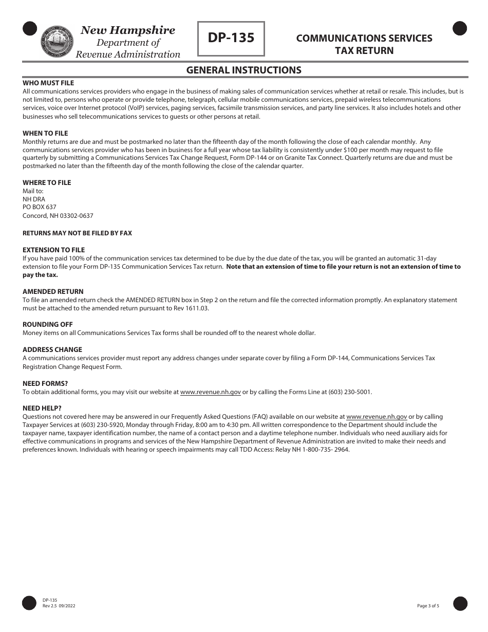 Form DP-135 Communications Services Tax Return - New Hampshire, Page 3