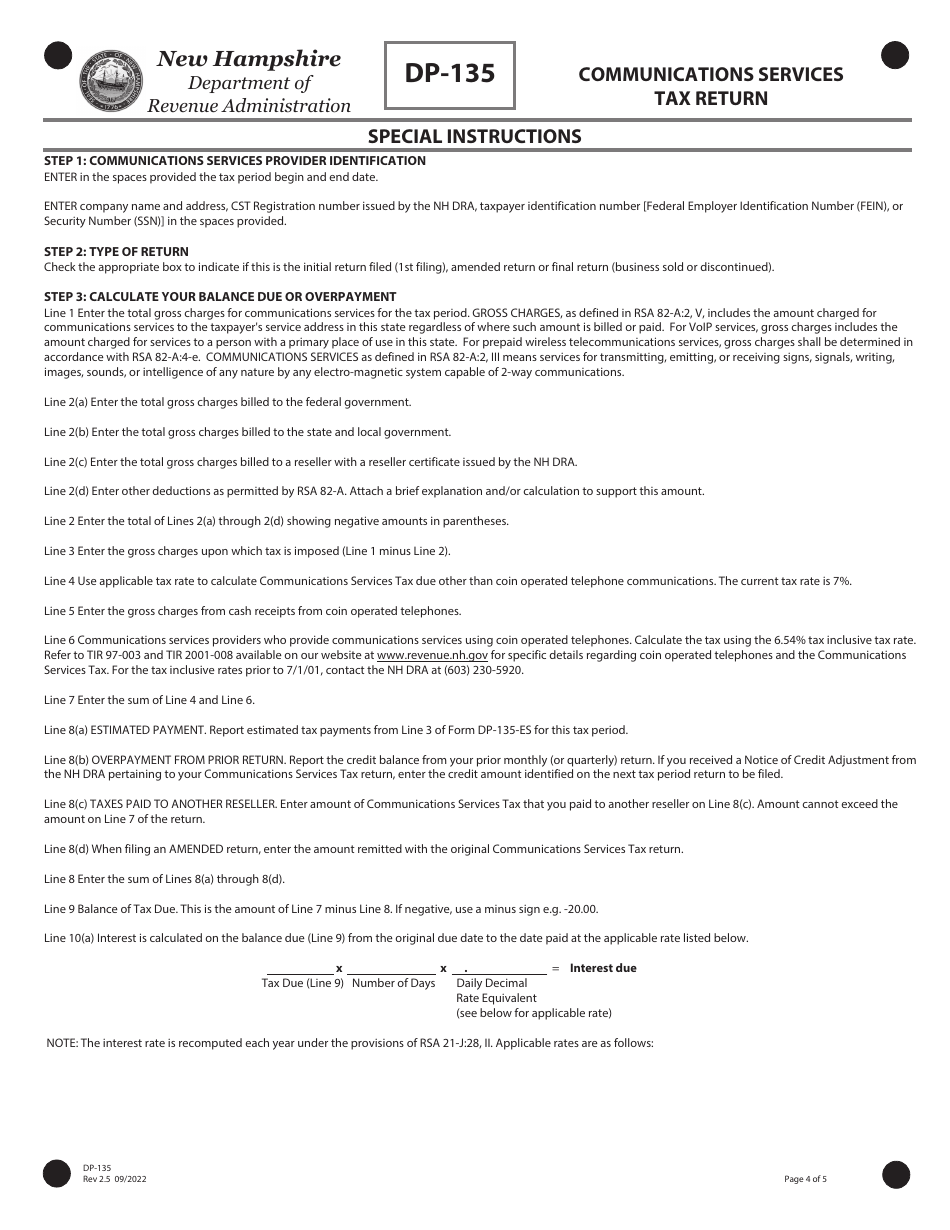 Form DP-135 Communications Services Tax Return - New Hampshire, Page 4
