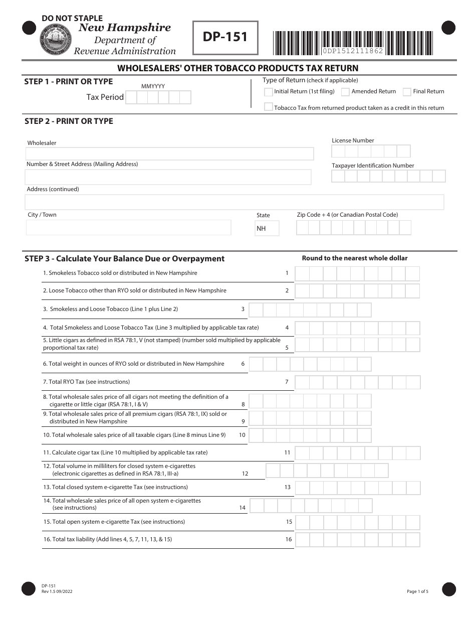 Form DP-151 Wholesalers' Other Tobacco Products Tax Return - New Hampshire, Page 1