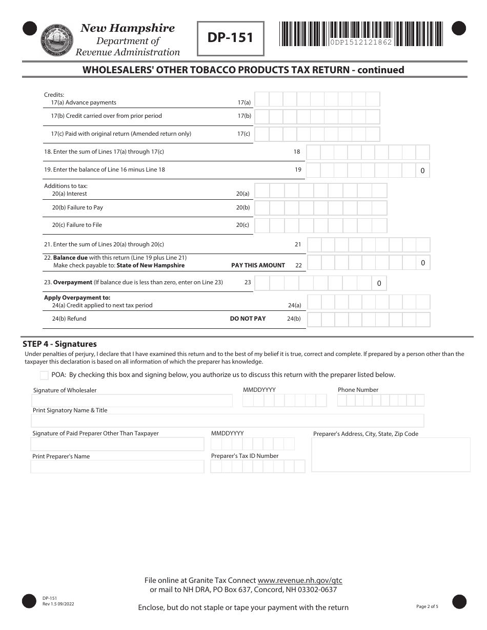 Form DP-151 Wholesalers Other Tobacco Products Tax Return - New Hampshire, Page 2