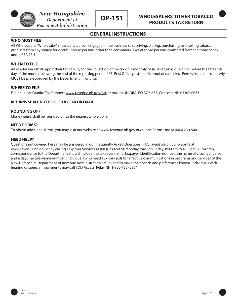 Form DP-151 Wholesalers Other Tobacco Products Tax Return - New Hampshire, Page 3