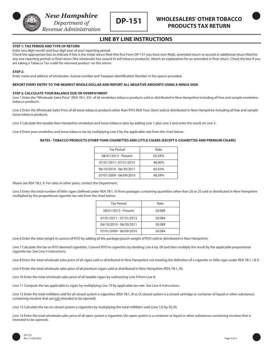 Form DP-151 Wholesalers Other Tobacco Products Tax Return - New Hampshire, Page 4