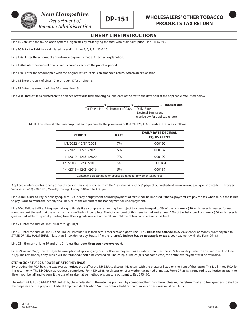 Form DP-151 Wholesalers Other Tobacco Products Tax Return - New Hampshire, Page 5
