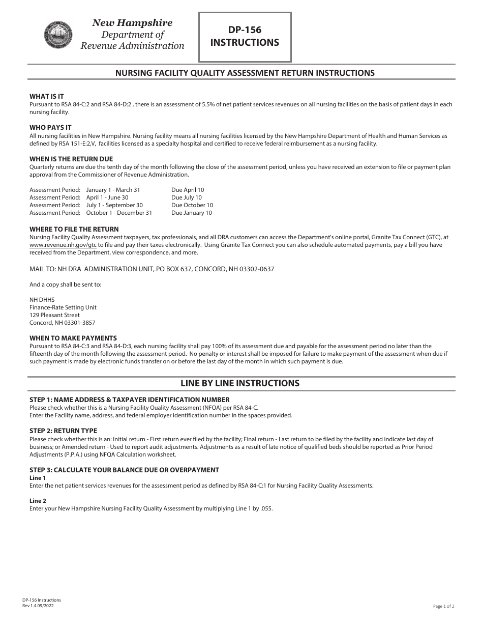 Instructions for Form DP-156 Nursing Facility Quality Assessment Return - New Hampshire, Page 1