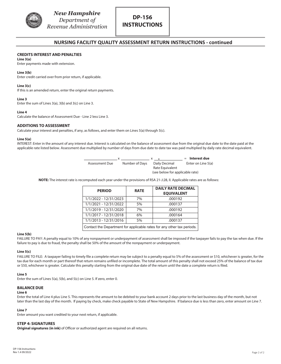 Instructions for Form DP-156 Nursing Facility Quality Assessment Return - New Hampshire, Page 2