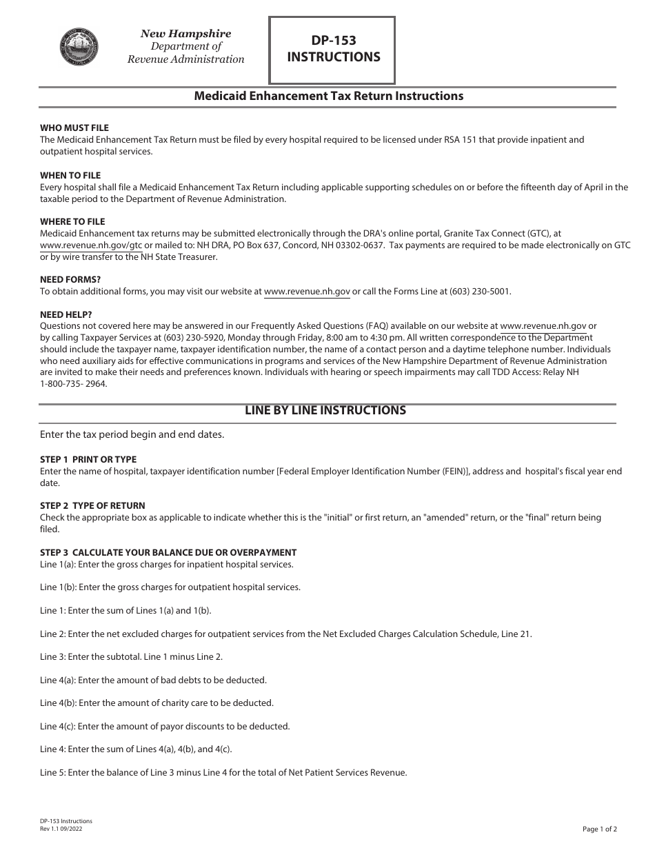 Instructions for Form DP-153 Medicaid Enhancement Tax Return - New Hampshire, Page 1