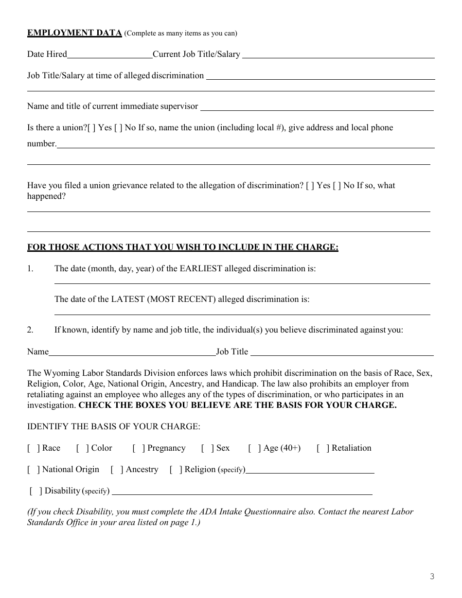 General Intake Questionnaire - Fair Employment Program - Wyoming, Page 3
