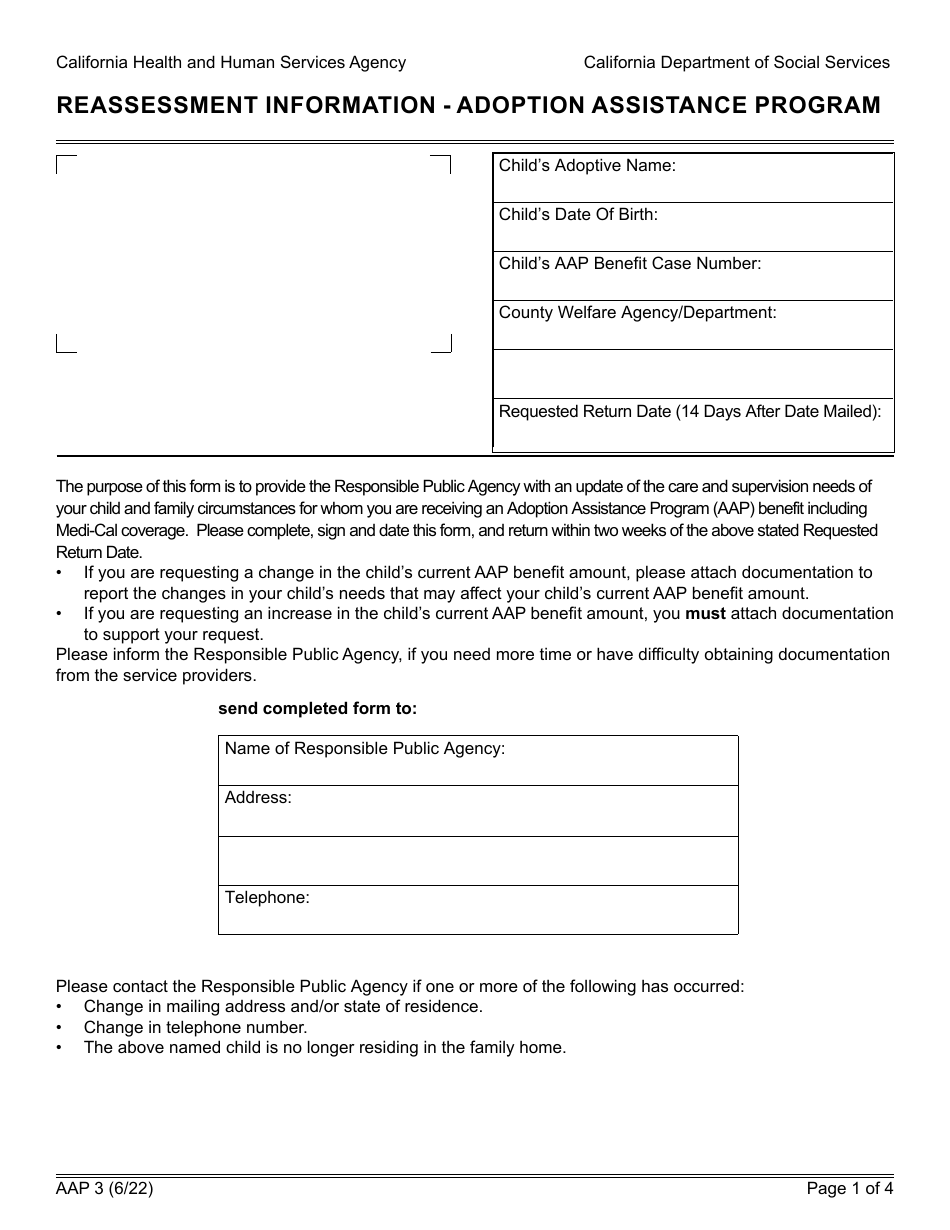 Form AAP3 Reassessment Information - Adoption Assistance Program - California, Page 1