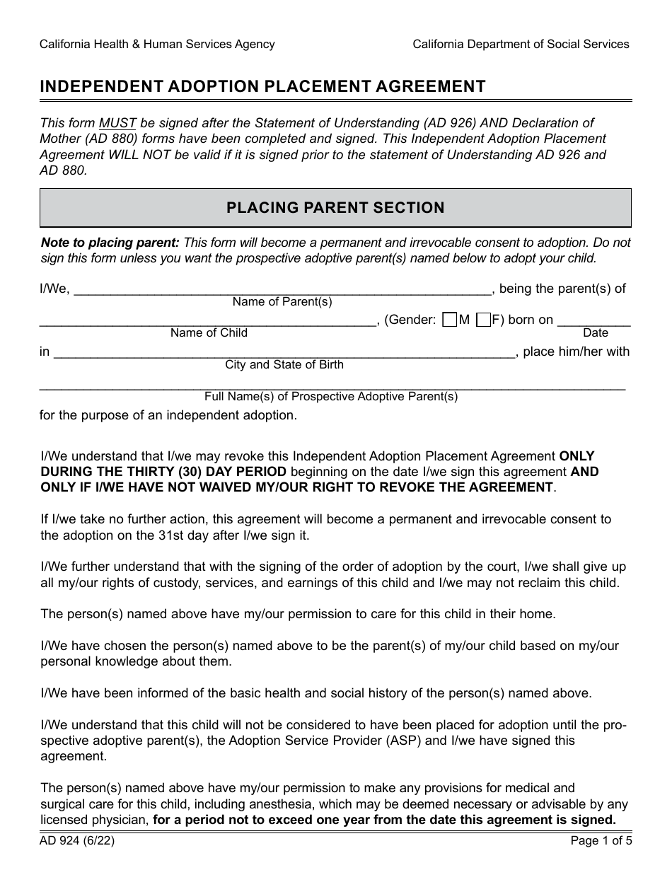 Form AD924 Independent Adoption Placement Agreement - California, Page 1